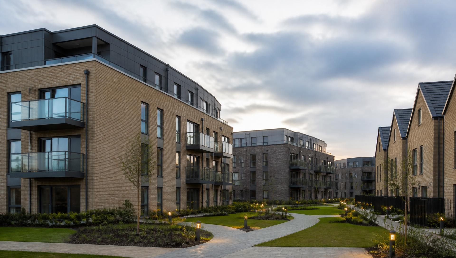 Modern UK residential development at dusk